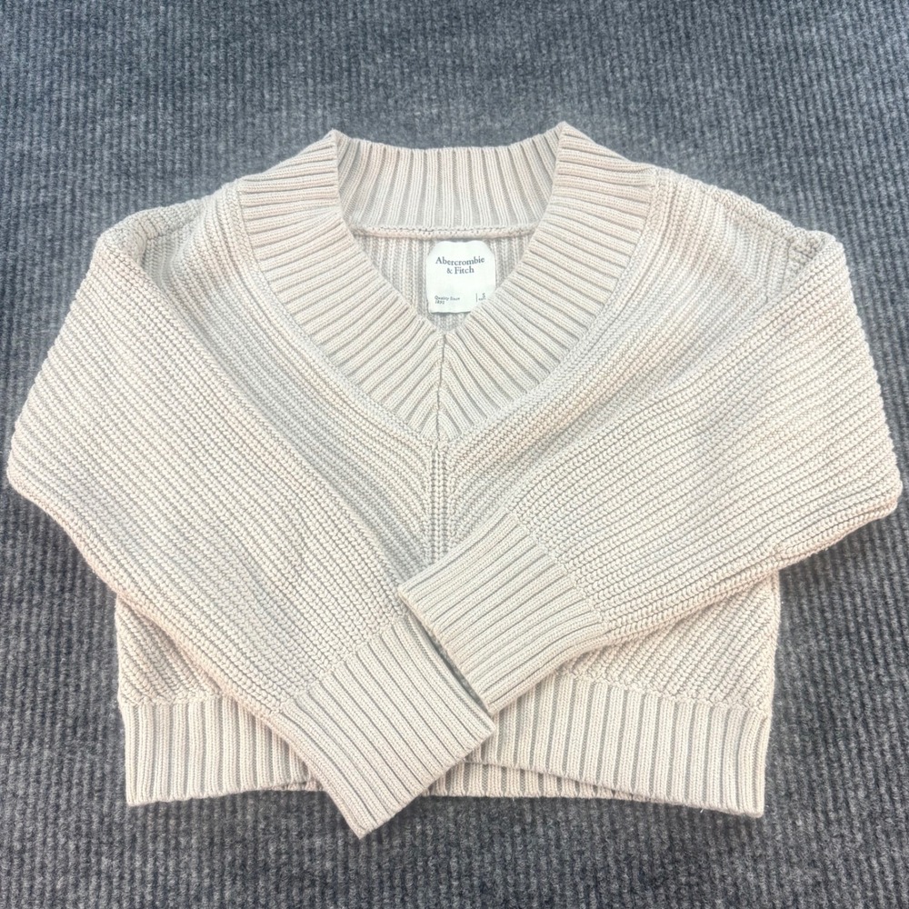 Abercrombie & Fitch Women's V-Neck Shaker Stitch Cropped Sweater Beige Small